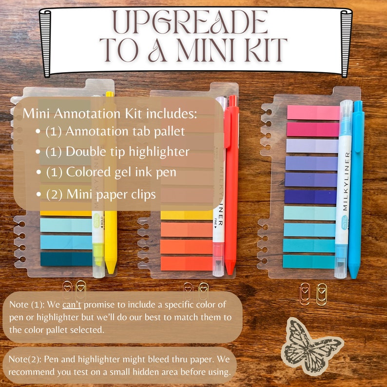 Image indicating the option of upgrading to a mini kit that includes 1 pallet, 1 pen, 1 highlighter and 2 mini paper clips.
