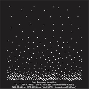 May include: Black square background with a pattern of white rhinestones. The rhinestones are scattered across the surface, with a denser concentration at the bottom. Text at the bottom indicates dimensions: 29.881 cm tall, 30.350 cm wide, with 387 rhinestones.