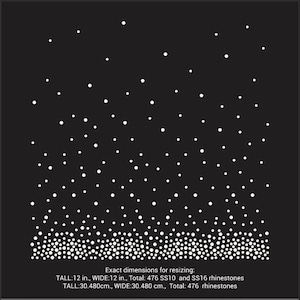 May include: Black square design with a pattern of white rhinestones. The rhinestones are scattered across the surface, with a dense concentration at the bottom. The design is 12 inches tall and 12 inches wide, with a total of 476 rhinestones.