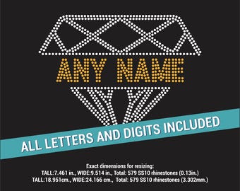 Diamant + willekeurige naam, alle letters en cijfers inbegrepen strass-sjabloon digitale download, svg, eps