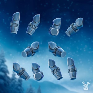 Puede incluir: Un conjunto de nueve protectores de brazo azul claro, segmentados y de aspecto futurista. Cada pieza tiene un extremo redondeado y una parte superior curvada, con elementos mecánicos detallados. El fondo es un degradado azul con efecto de nieve.