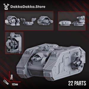 Könnte beinhalten: Grauer Kunststoff-Modellbausatz eines futuristischen Panzers mit mehreren Geschütztürmen und detaillierten Komponenten. Das Modell ist 17,2 cm lang, 10,3 cm breit und 7 cm hoch, mit 22 Teilen. Das Bild enthält das Logo des Shops, "DakkaDakka.Store".