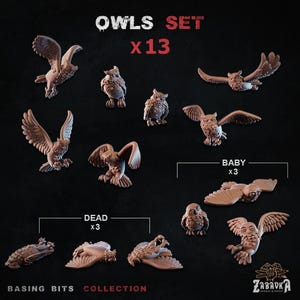 May include: A set of 13 miniature owl figurines for tabletop gaming. The set includes owls in various poses, including flying, perched, and dead. The set also includes three baby owls. The owls are painted in shades of brown and gray.