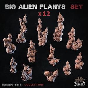 Peut inclure: Un ensemble de 12 modèles de plantes extraterrestres détaillées de couleur brune. Les plantes sont en résine et sont conçues pour être utilisées dans les jeux de table et les dioramas. L'ensemble s'appelle "Big Alien Plants Set x12" et fait partie de la "Basing Bits Collection".