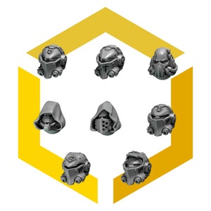 Pode incluir: Oito designs diferentes de capacetes de plástico cinza para figuras em miniatura. Os capacetes estão dispostos em um padrão hexagonal sobre um fundo amarelo.