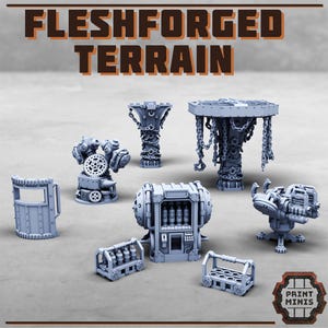 Könnte beinhalten: Eine Sammlung hellgrauer Miniatur-Geländeteile für Tabletop-Spiele. Das Set enthält verschiedene Strukturen wie einen Tisch, Säulen und Elemente im Industriestil. Der Text "FLESHFORGED TERRAIN" wird oben angezeigt.