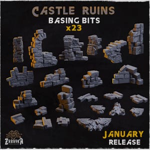 Könnte beinhalten: Ein Set mit 23 grauen, 3D-gedruckten Burgruinen-Teilen zum Modellbau und Basieren. Die Teile sind in einem Raster auf einem schwarzen Hintergrund angeordnet. Der Text "CASTLE RUINS BASING BITS x23 JANUARY RELEASE" befindet sich oben im Bild.