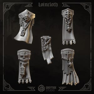 May include: A collection of five gray, stylized loincloth designs, each featuring gothic and skull motifs. The designs include crosses, chains, and decorative elements, with the word "Loincloth" at the top. The Greytide Studio logo is at the bottom.