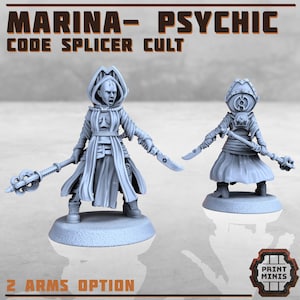 Pode incluir: Duas figuras em miniatura impressas em 3D de uma personagem feminina com capuz e um cajado, e uma figura com capuz com um dispositivo circular na cabeça. As figuras são pintadas em cinza claro. O texto "MARINA - PSYCHIC CODE SPLICER CULT" está no topo da imagem. O texto "2 ARMS OPTION" está na parte inferior da imagem.