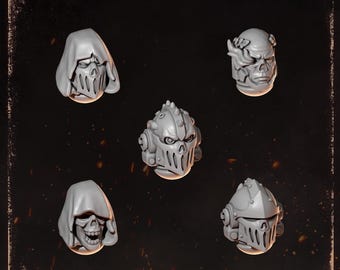 Può includere: Cinque teste in miniatura in resina grigia etichettate HEADS 2 da Greytide Studio. Il set include due teste di teschio con cappuccio, un teschio nudo con corona d'alloro, un elmo corazzato con cresta appuntita e un elmo con visiera liscia.