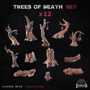 Op de afbeelding: Een set van twaalf miniatuur "Trees of Death" in bruin, ontworpen voor basing bits. De bomen hebben een knoestig uiterlijk, sommige met schedels en hangende schedelornamenten. De tekst "TREES OF DEATH SET x12" staat bovenaan.