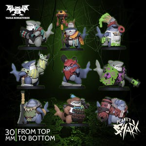 Könnte beinhalten: Neun Miniatur-Hai-Figuren mit individueller Rüstung und Zubehör, auf schwarzen Sockeln. Der Text "PLANET SHARK" und "30 MM FROM TOP TO BOTTOM" sind sichtbar. Das Taiga Miniatures-Logo befindet sich oben links. Die Figuren sind etwa 3 cm groß.