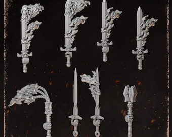 Può includere: Una collezione di otto armi da mischia in miniatura grigie, tra cui spade e una mazza, con dettagli a forma di fiamma e motivi a teschio sulle impugnature. Il testo MELEE WEAPONS e GREYTIDE STUDIO è visibile sullo sfondo scuro con scintille.