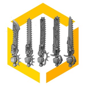 Può includere: Cinque motoseghe di plastica grigia con design diversi. Le motoseghe hanno una lama seghettata e un'impugnatura con un design decorativo.