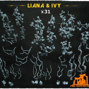 Może przedstawiać: Zestaw 31 wstępnie podpartych, trójwymiarowych, wydrukowanych lian i bluszczu do gier stołowych. Liany są w różnych kształtach i rozmiarach, niektóre mają liście. Liany są jasnoszare i wydrukowane na czarnym tle. Tekst "LIANA & IVY x31" jest wydrukowany na górze obrazu na biało. Tekst "PRE-SUPPORTED" jest wydrukowany na dole obrazu na pomarańczowo.