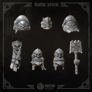 Puede incluir: Colección de figuras en miniatura grises, incluyendo cascos, un escudo y un arma. Las figuras presentan motivos de calaveras y detalles intrincados. El texto "Battle priest" está en la parte superior y "GREYTIDE STUDIO" en la inferior.