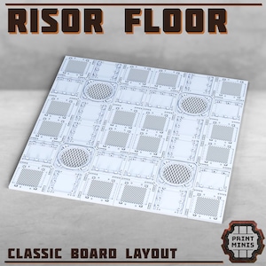 May include: White modular Risor Floor board with a Classic Board Layout design. The board features a grid pattern with circular and rectangular vents. The text "RISOR FLOOR" is at the top, and "CLASSIC BOARD LAYOUT" is at the bottom.