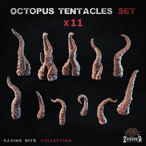 Op de afbeelding: Een set van elf bruine octopus tentakels, elk met een textuur en zuignappen. De tentakels variëren in grootte en kromming, geplaatst tegen een donkere achtergrond. De tekst "OCTOPUS TENTACLES SET x11" is zichtbaar.
