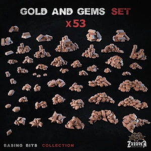 May include: A set of 53 gold and gem pieces for tabletop gaming. The set includes piles of coins, gold bars, and gemstones. The pieces are made of a light brown plastic and are designed to be used as basing bits for miniatures.