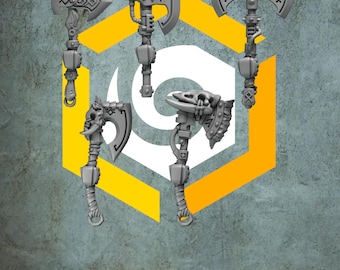 May include: Five gray miniature axes with detailed designs are displayed against a yellow and white geometric background. The axes have various handle and blade styles, including animal and geometric motifs. The text "GREYTIDE STUDIO" is at the bottom.