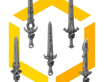 May include: Four miniature swords with intricate designs and runes. The swords are made of gray plastic and have a hand holding the hilt.