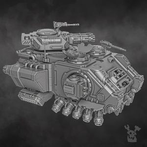 Könnte beinhalten: Ein graues Plastikmodell eines futuristischen Panzers mit einer großen Kanone und mehreren kleineren Geschützen. Der Panzer hat ein detailliertes Design mit verschiedenen Rohren und Schläuchen.