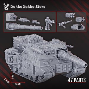 Puede incluir: Un kit de modelo de tanque de resina gris con 47 piezas, que presenta un gran cañón principal, torretas laterales y orugas. El kit incluye componentes de armas adicionales y una figura de soldado. Dimensiones marcadas: 319 mm x 194 mm x 115 mm.