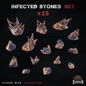 Op de afbeelding: Een set van vijftien miniatuur "Infected Stones" terreinstukken. De stenen hebben een bruinachtige, getextureerde uitstraling met blauwgrijze accenten. De tekst "INFECTED STONES SET x15" staat bovenaan. De tekst "BASING BITS COLLECTION" staat onderaan.