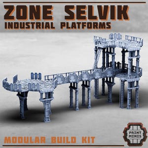 Op de afbeelding: Een modulaire bouwpakket met Zone Selvik industriële platforms. De lichtgrijze platforms hebben gedetailleerde loopbruggen, ondersteuningsstructuren en relingen. Het ontwerp heeft een futuristische of industriële uitstraling, geschikt voor tabletop games of modelbouwprojecten.