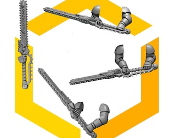 May include: A collection of gray, stylized chainswords with ornate detailing, including wing-like emblems and spiked edges. The weapons are depicted with attached armored arms, set against a yellow and white geometric background.