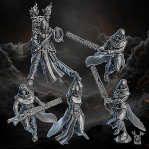 Peut inclure: Cinq figurines miniatures de personnages à capuchon, certains tenant des épées, l'un tenant une torche. Les figurines sont en matériau gris et sont posées dans une variété de poses dynamiques.