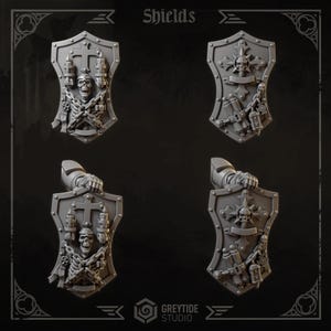 Könnte beinhalten: Vier graue Schilde mit gotischen Designs. Zwei Schilde zeigen ein Skelett, ein Kreuz und Ketten. Die anderen beiden Schilde haben einen Schädel, ein Kreuz und Zahnräder. Das Wort "Shields" steht oben. Das Logo von GreyTide Studio befindet sich unten.