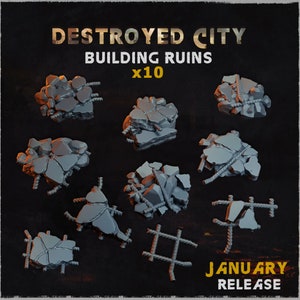 Op de afbeelding: Tien grijze 3D-modellen van verwoeste ruïnes van gebouwen met blootliggende wapening. De modellen zijn in een raster op een zwarte achtergrond gerangschikt. De tekst "Destroyed City Building Ruins x10 January Release" staat bovenaan de afbeelding.