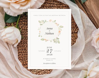 Floral Wedding Invitation Template, Sage Green and Pink, Editable Canva (5x7) (Digital Download)