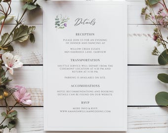 Floral Wedding Details Card Template, Green & Purple, Editable Canva (5x7) (Digital Download)