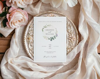 Floral Greenery Wedding Invitation Template, Editable Canva (Digital Download)