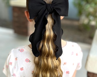 Black Waffle Bow: Oversized Long Tail Hair Clip