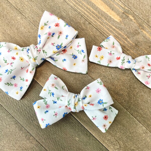 Floral Bow -pink flowers blue flowers yellow flowers peach flowers - cream bow - flower bow