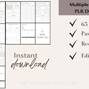 Puede incluir: Una plantilla de planificador digital con un diseño en blanco y negro. La plantilla se titula "Multiple Streams Blueprint PLR Digital Organizer". El texto "65 Page Template", "Passive Income", "Resell PLR" y "Editable w/ Canva" también se incluye en la imagen.