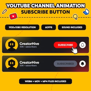 May include: A digital graphic promoting a YouTube channel animation with a subscribe button. The design features a yellow background with black rectangles displaying text and a subscribe button. The text includes "YOUTUBE CHANNEL ANIMATION SUBSCRIBE BUTTON" and "CreatorHive".