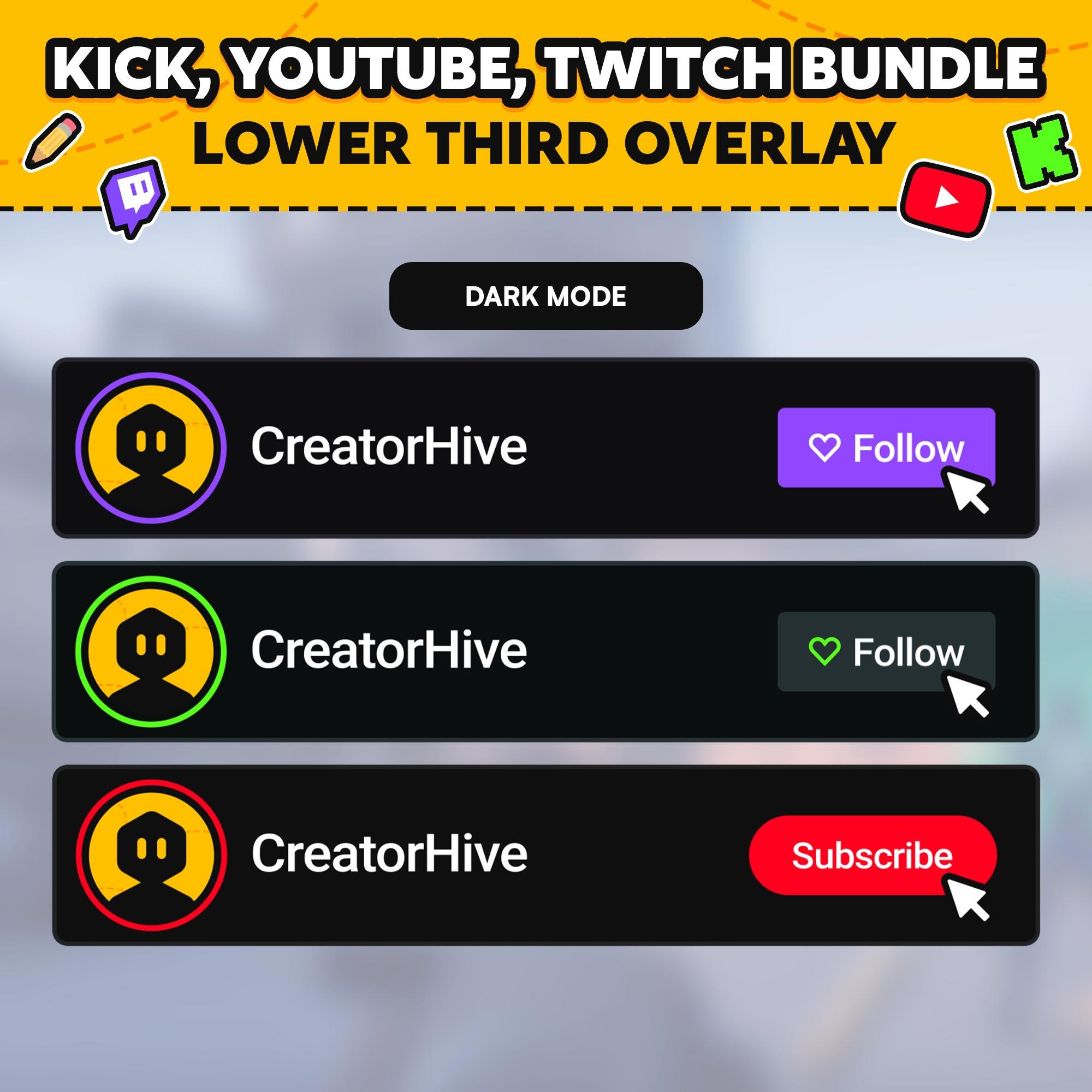 Custom Animated Social Media Follow Overlay: Twitch, Youtube, Kick ...