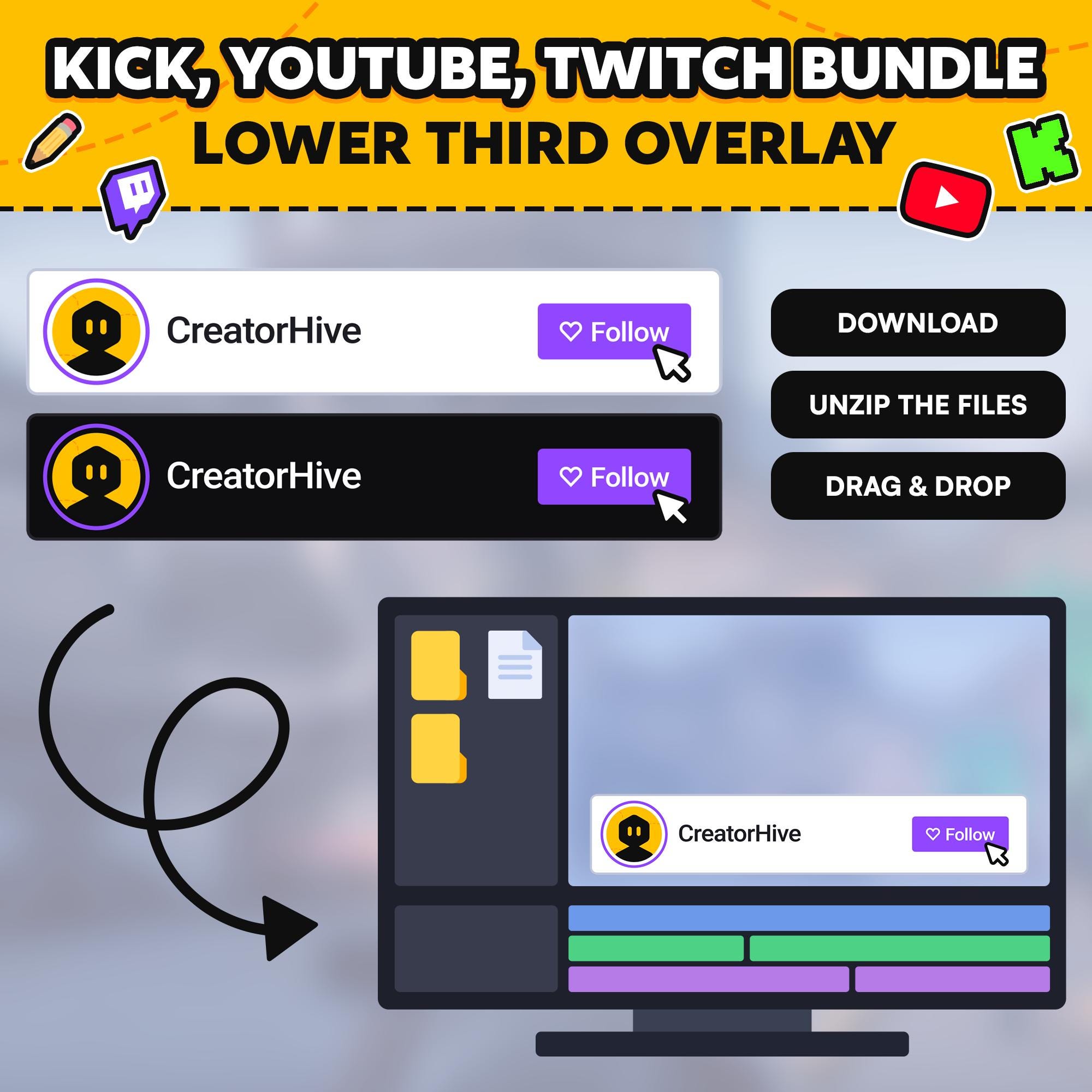 Custom Animated Social Media Follow Overlay: Twitch, Youtube, Kick ...