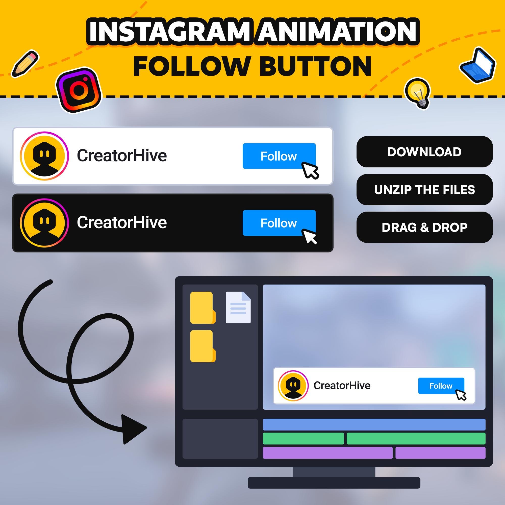 Custom Animated Instagram Follow Button: Social Media Overlay (digital ...