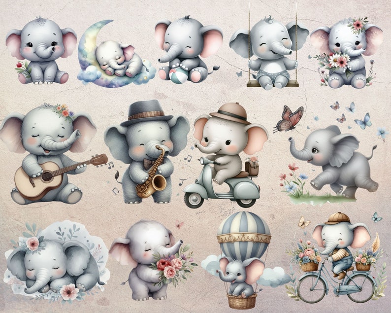 Whimsical Watercolor Cute Elephants Clipart Baby Shower Decor Nursery ...