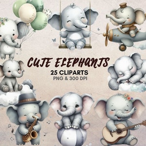 Whimsical Watercolor Cute Elephants Clipart Baby Shower Decor Nursery ...