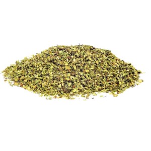 May include: A pile of dried oregano leaves, showcasing a mix of green and brown hues. The leaves are finely chopped, creating a textured appearance. The image is set against a plain white background, highlighting the herb's natural colors and details.