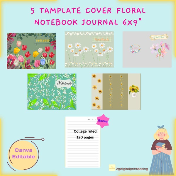 KDP Book cover tamplate  5 Canva Editable Bundle for journal notebook cover, 6"x9” 120 pages, Free interior college ruled.