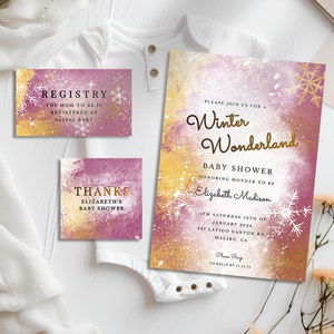 Petit paquet d'invitations de baby shower au pays des merveilles d'hiver | Invitation rose-foncé de flocon de neige d'hiver | Douche Fille | Cartes de remerciement et d'inscription - rose
