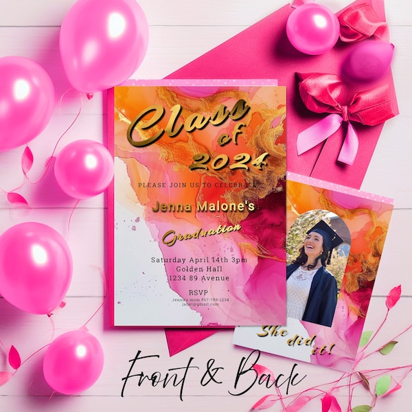 Hot Pink and Orange Graduation Party Editable Invitation 5x7in -Alcohol Ink-Editable, Printable- Digital-Gold- elegant-Photo- double sided