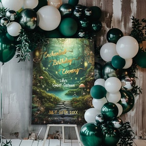 Cartello di benvenuto della foresta incantata, cartello dell'evento del dolce sedicesimo compleanno, invito alla festa, giardino incantato